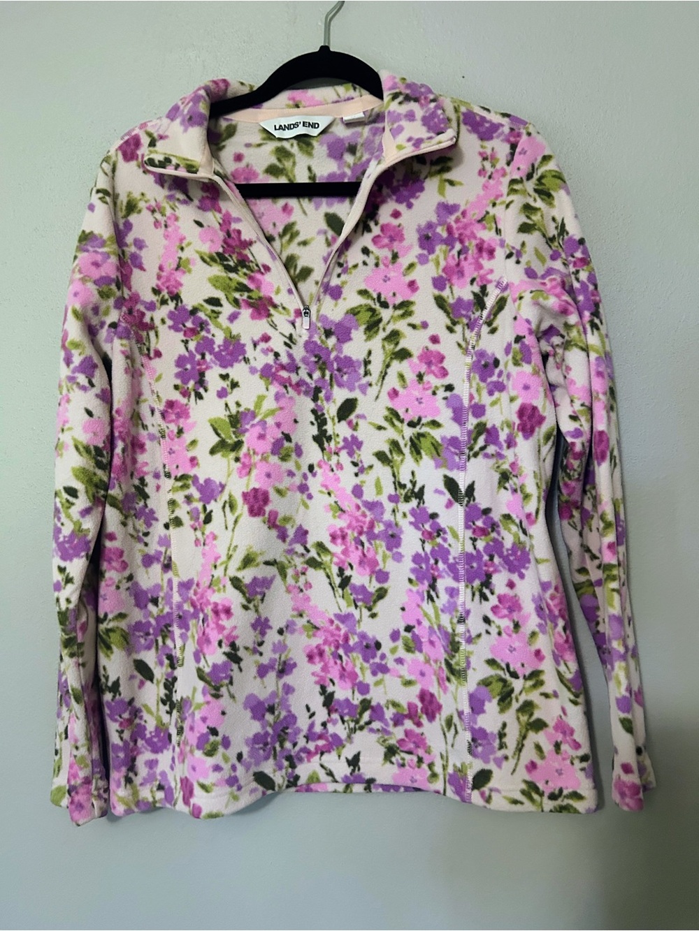 Lands' End Women’s Casual Pink Floral Quarter-Zip Fleece Pullover